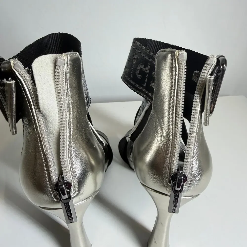 Karl Lagerfeld Paris Metallic Logo Strap Dress high heel Sandals 7.5 women NWOT